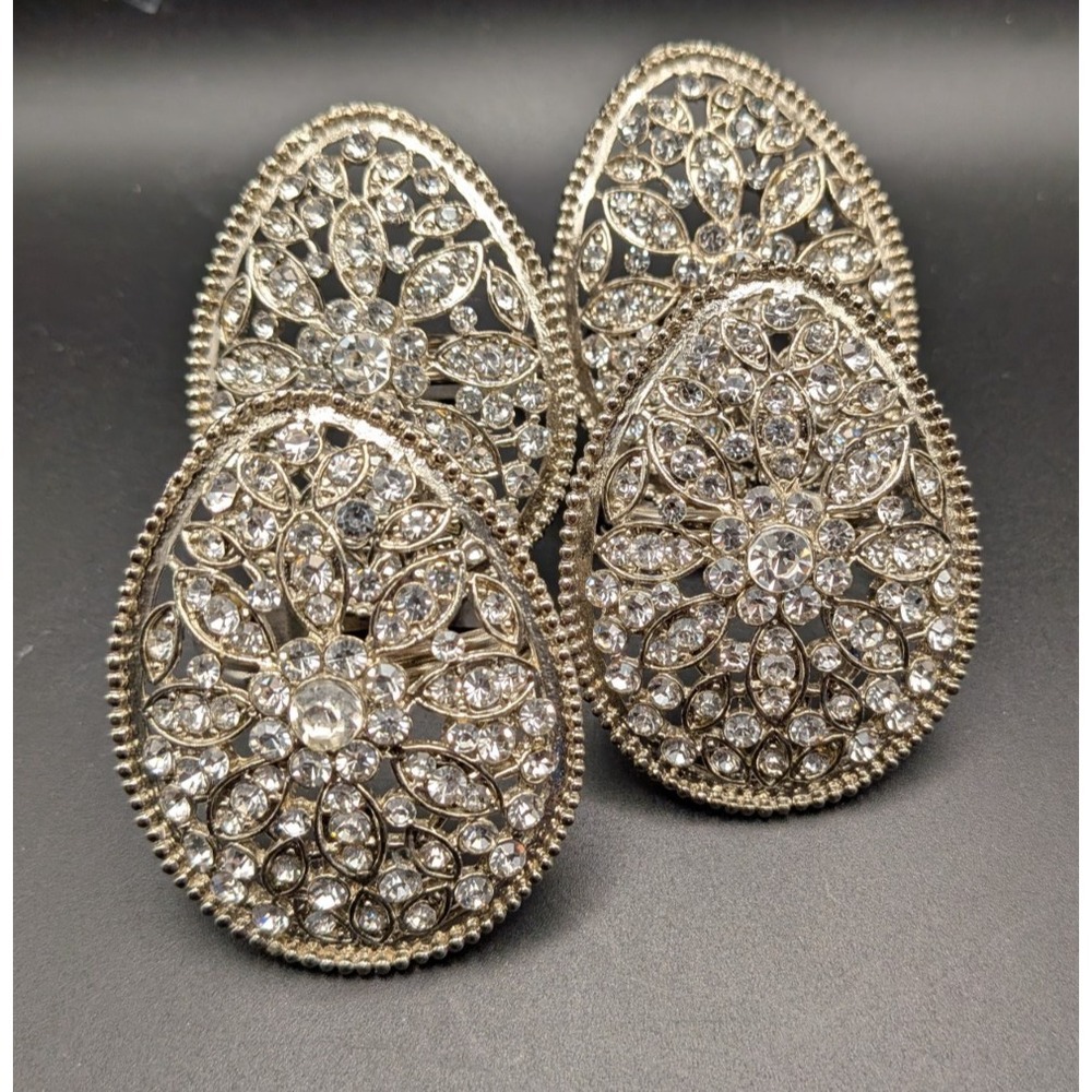Tahari Home Silver Rhinestone Floral Filigree Napkin Rings Set of 4 New in Box